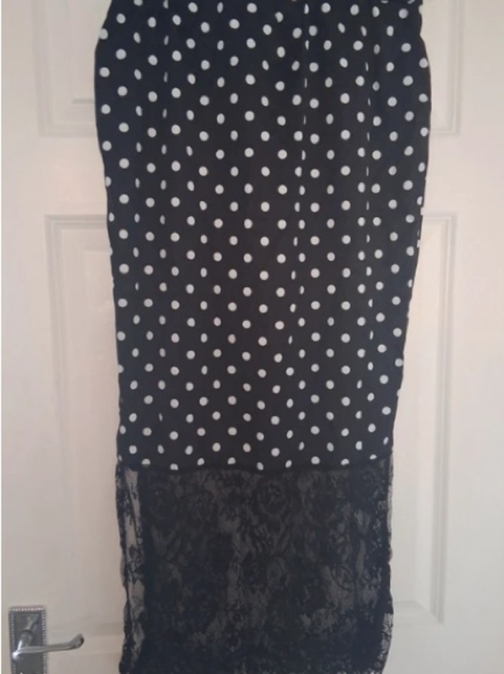 Black and White Polka Dot Midi Skirt with Black Floral Lace Hem